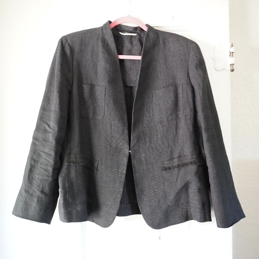 Weekend Max Mara Gray 100% Linen Blazer Size 16 Raw Edge Detail